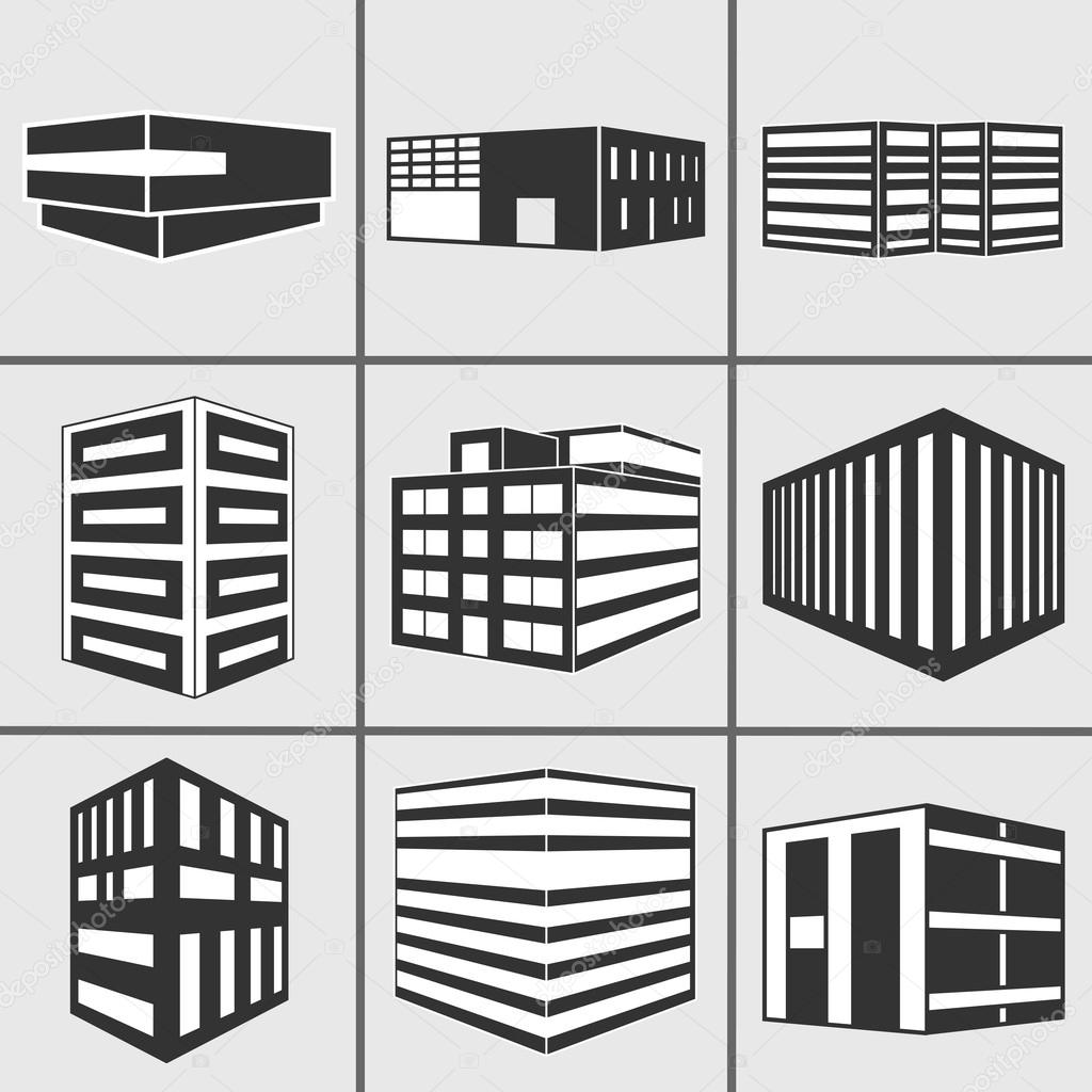 Set of dimensional buildings icons silhouette in grey and black with depicting high-rise commercial office blocks and residential apartments. Web sticker 3d symbol isolated on white background.