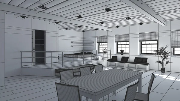 3D-interiör rendering av en liten loft — Stockfoto