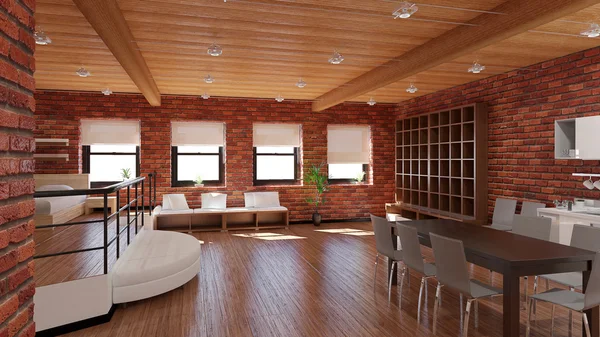 3D Interior renderização de um loft minúsculo — Fotografia de Stock