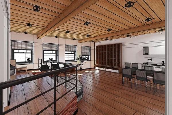 3D Interior renderização de um loft minúsculo — Fotografia de Stock