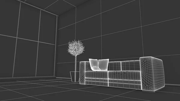 Vista laterale di un rendering interno di un soggiorno in wireframe — Foto Stock
