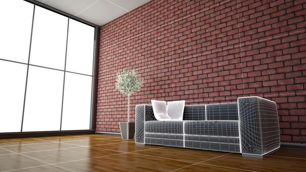 Side view of an interior rendering of a living room with texture — Stock Photo, Image