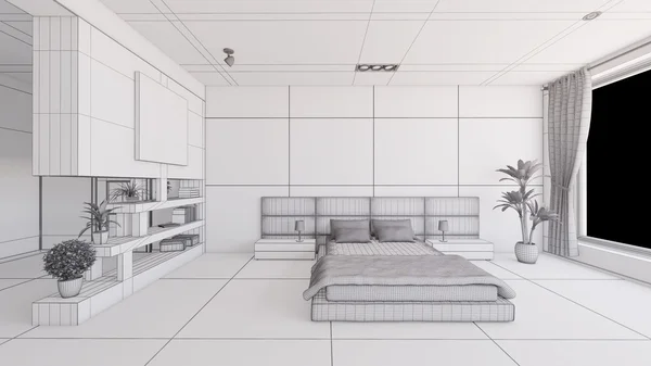 Rendering interior dari kamar tidur tanpa tekstur — Stok Foto