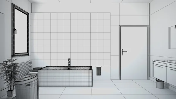 Rendu intérieur 3D d'une salle de bain avec des meubles — Photo