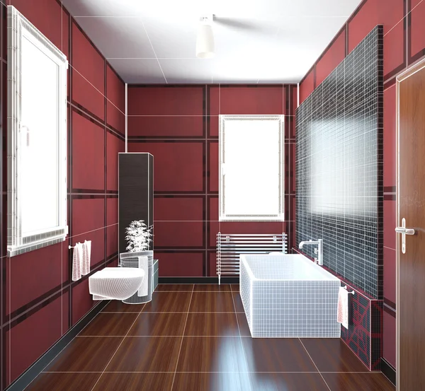 Rendu intérieur 3D d'une salle de bain avec des meubles — Photo