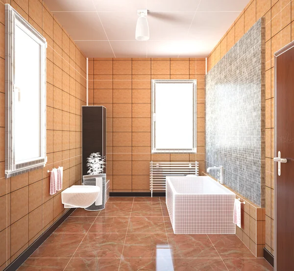 Rendu intérieur 3D d'une salle de bain avec des meubles — Photo