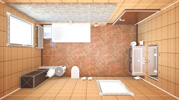 Representación interior 3D de un cuarto de baño con muebles — Foto de Stock