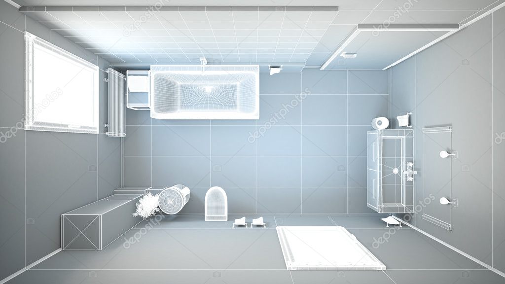 3D interior rendering of a bathroom with furnitures