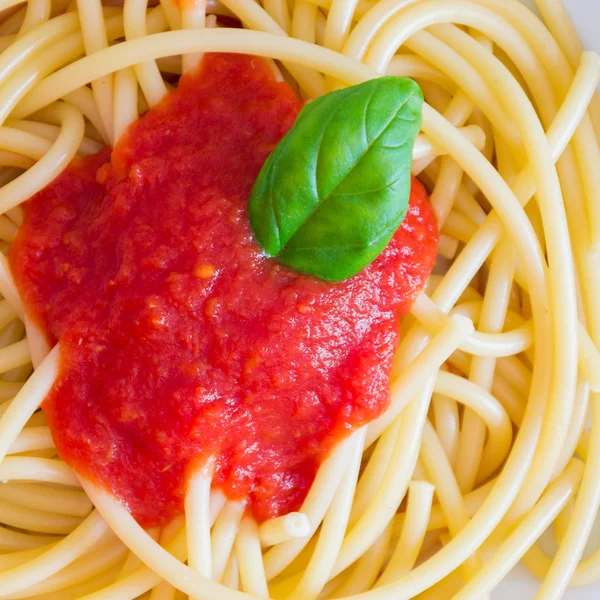 Italienska spaghetti maträtt med tomater och basilika — Stockfoto