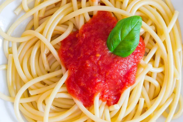 Prato de espaguete italiano com tomate e manjericão — Fotografia de Stock