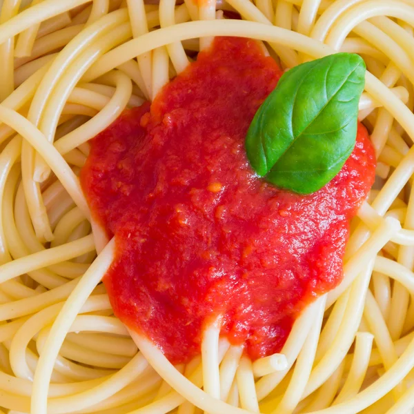 Schotel van de Italiaanse spaghetti met tomaten en basilicum — Stockfoto