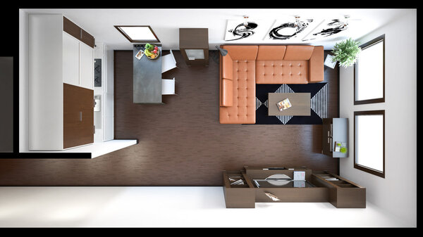 3D interior rendering of a small loft with textures