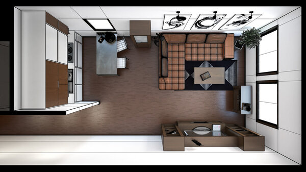 3D interior rendering of a small loft with textures