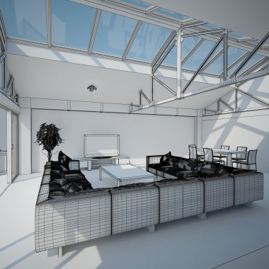 Oturma odasının 3 boyutlu iç tasarımı