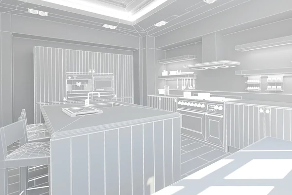 现代厨房 3d 室内渲染 — 图库照片