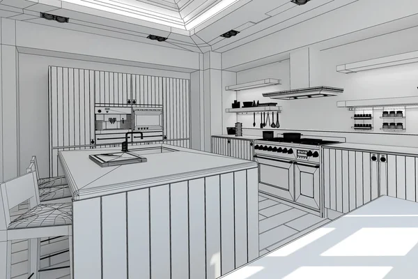 3D Representación interior de una cocina moderna —  Fotos de Stock