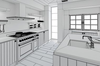 3D iç işleme modern bir mutfak