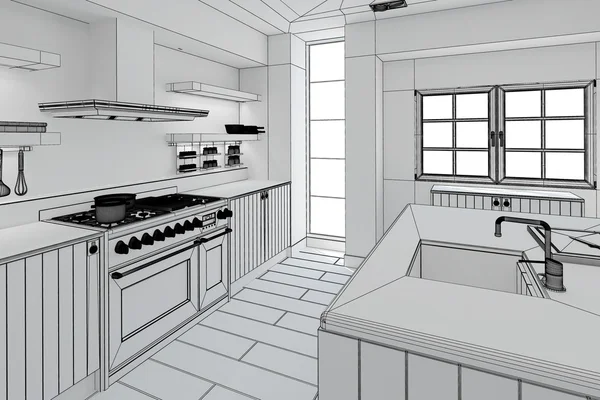 3D Representación interior de una cocina moderna — Foto de Stock