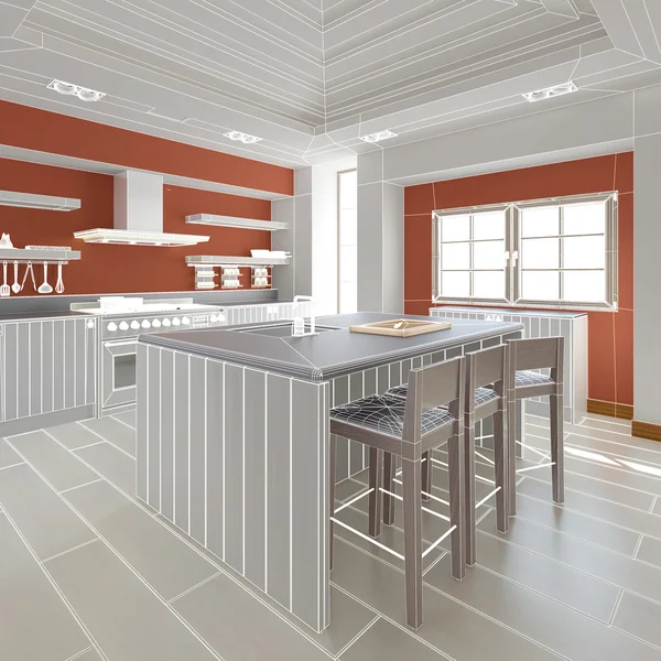 3D Representación interior de una cocina moderna — Foto de Stock