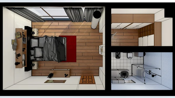 현대 침실의 인테리어 3d 렌더링 — 스톡 사진