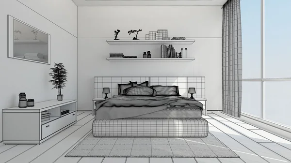 Rendering interno 3D di una camera da letto moderna — Foto Stock