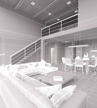 Modern küçük bir çatı katının 3 boyutlu iç tasarımı