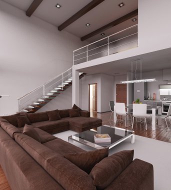 Modern küçük bir çatı katının 3 boyutlu iç tasarımı