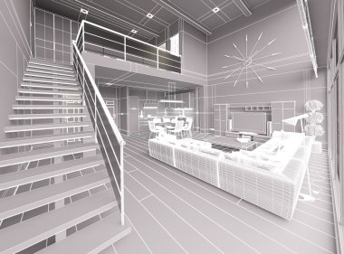 Modern küçük bir çatı katının 3 boyutlu iç tasarımı