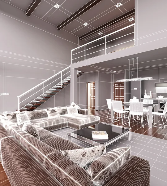 3D Representación interior de un pequeño loft moderno — Foto de Stock