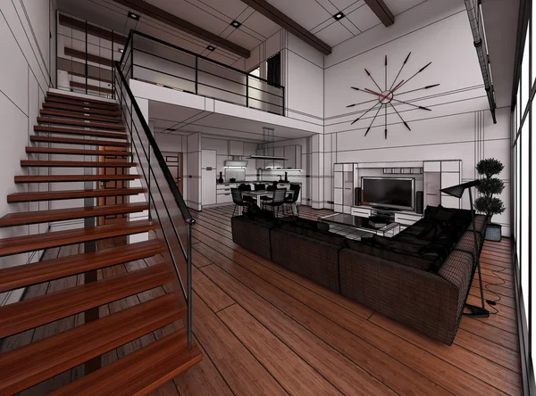 3D Interior rendering of a modern tiny loft