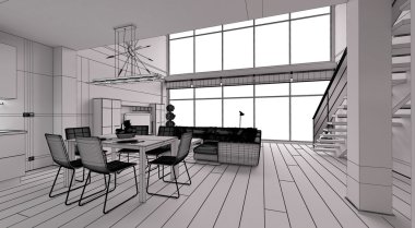 Modern küçük bir çatı katının 3 boyutlu iç tasarımı