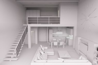 Modern küçük bir çatı katının 3 boyutlu iç tasarımı