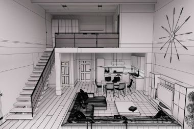 Modern küçük bir çatı katının 3 boyutlu iç tasarımı