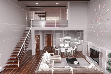 Modern küçük bir çatı katının 3 boyutlu iç tasarımı