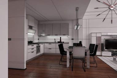 Modern küçük bir çatı katının 3 boyutlu iç tasarımı