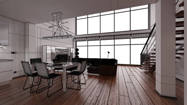 3D Rendering interno di un piccolo loft moderno — Foto Stock