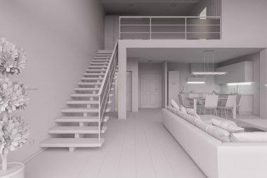 Modern küçük bir çatı katının 3 boyutlu iç tasarımı