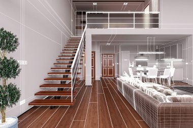 Modern küçük bir çatı katının 3 boyutlu iç tasarımı