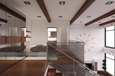 Modern küçük bir çatı katının 3 boyutlu iç tasarımı