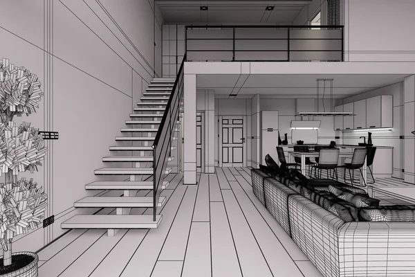3D Interior rendering of a modern tiny loft — Stock Photo, Image