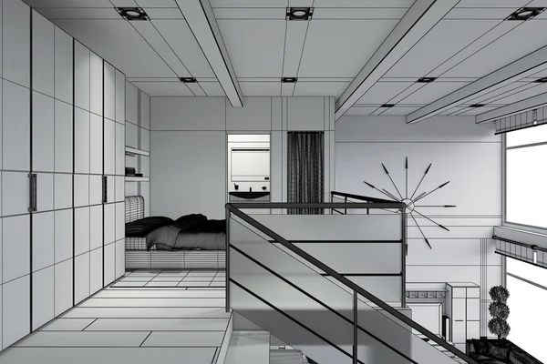 3D vykreslování interiéru moderního malinkého podkroví — Stock fotografie