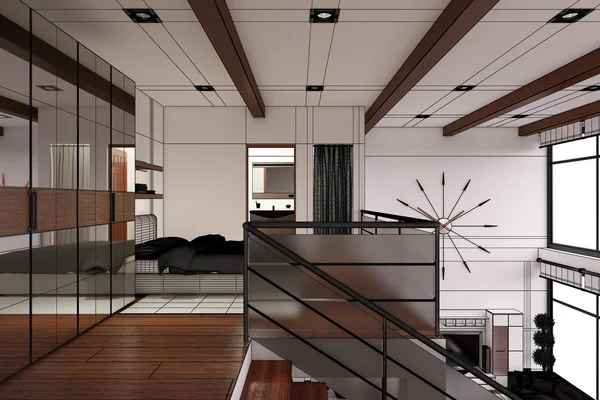 Modern küçük bir çatı katının 3 boyutlu iç tasarımı — Stok fotoğraf
