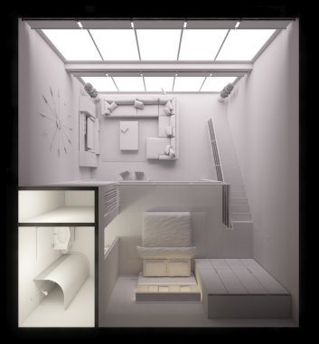 Modern küçük bir çatı katının 3 boyutlu iç tasarımı