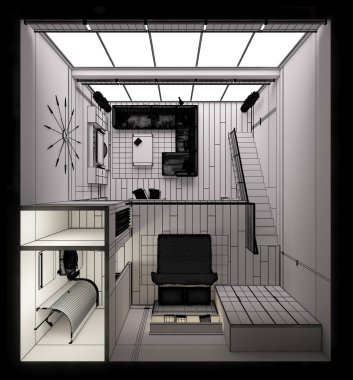 Modern küçük bir çatı katının 3 boyutlu iç tasarımı