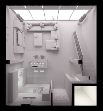 Modern küçük bir çatı katının 3 boyutlu iç tasarımı