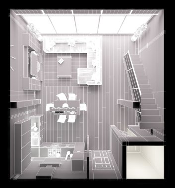 Modern küçük bir çatı katının 3 boyutlu iç tasarımı