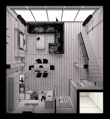 Modern küçük bir çatı katının 3 boyutlu iç tasarımı