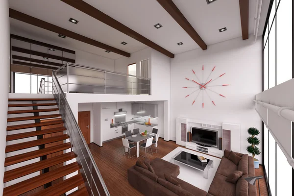 3D Rendering interno di un piccolo loft moderno — Foto Stock