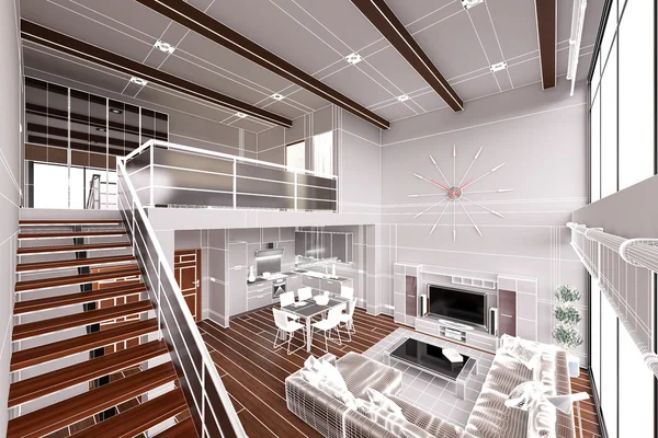 3D Interior renderização de um loft minúsculo moderno — Fotografia de Stock