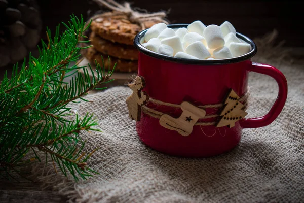 Tasses Café Chaud Avec Guimauves Biscuits Farine Avoine Joyeux Noël — Photo